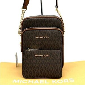 Michael Kors Medium NS Chain Xbody Bag & Small TZ Coinpouch w/ID Brown/Gold
